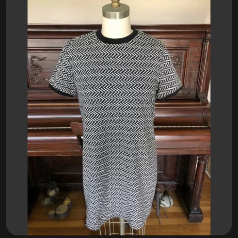 Super Cute Size Large Mod 60’s GoGo Mini Dress Ringer Neck + Sleeves + Zip Back